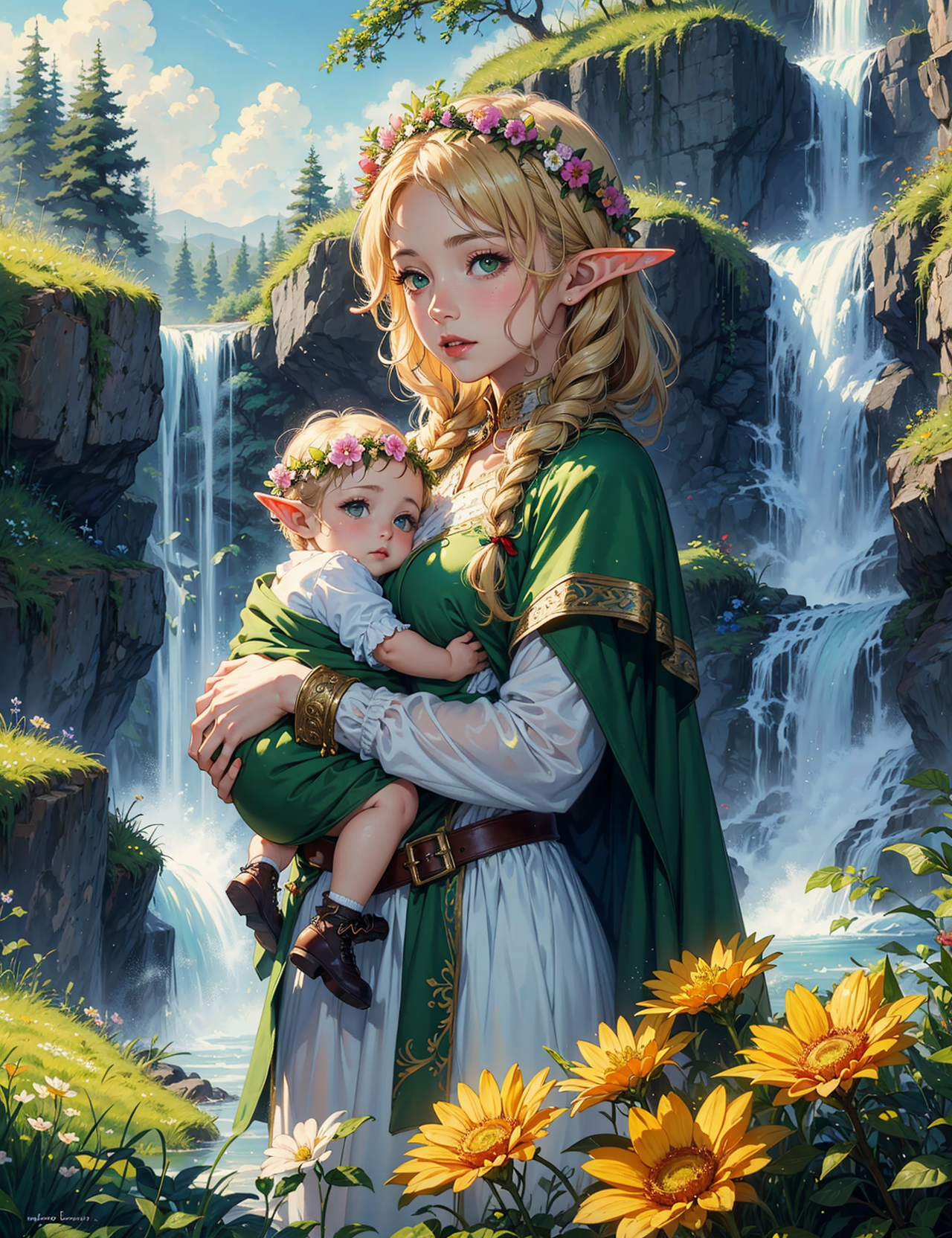 masterpiece, best quality,
a detailed ilustration of a female elf druid with a cloak made with grass and flowers, with a b...